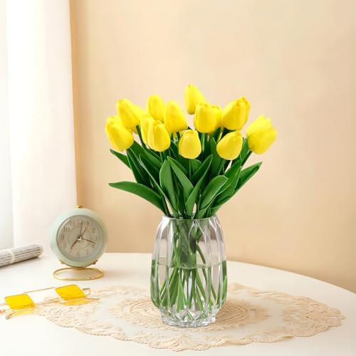 20PCS tulipanes artificiales Probuk Flores de tulipán Artificiales Amarillo,PU Latex tulipanes Flores,Ramos de Flores Falsos de Tulipanes Realistas para Bodas,Hogar, Fiestas, Hotel, Jardín, Cumpleaños