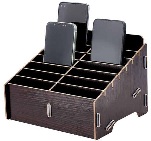 BENECREAT 14 Ccellules Boîte de Rangement pour Téléphone Portable en Bois Amovible, Marron Noix de Coco Organisateur Multi-Compartiments pour le Stockage de Bureau, 21.8x17.6x15 cm