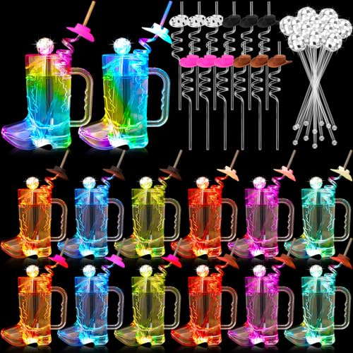 Ziliny 12 Sets LED Cowboy Boot Cups - 17 oz Light up LED Cowboy Cups Colorful Flashing Cowboys Boot Mugs with Cowboys Hat Straws Mirror Disco Ball Stirrer for Western Party Bachelorette Birthday Party