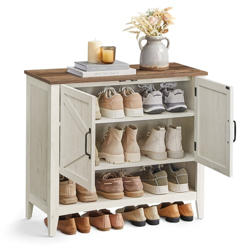 VASAGLE LIRY Collection - Shoe Cabinet, 3-Tier Storage Organizer, Shoe Shelf, Farmhouse Freestanding Cabinet, Height-Adjustable Shelf, 13.8 x 31.5 x 27.6 Inches, Rustic White ULBC038W01