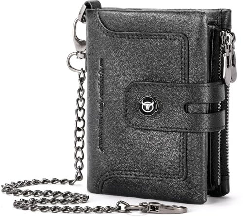 BULLCAPTAIN Bifold Herren-Geldbörse mit Kette, echtes Leder, RFID-blockierend, abnehmbarer Reißverschluss, Münzbörse mit Ausweisfenster, Schwarz, Retro-Mode