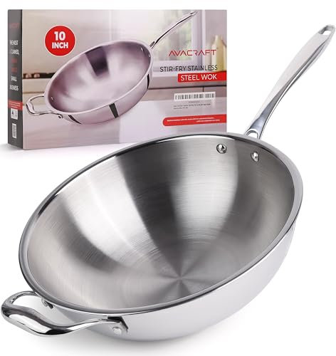 AVACRAFT Tri-Ply Stainless Steel Wok, Stir-Fry Pan with Helper Handle, Flat Bottom, Induction Compatible, Oven Safe, 10 Inch