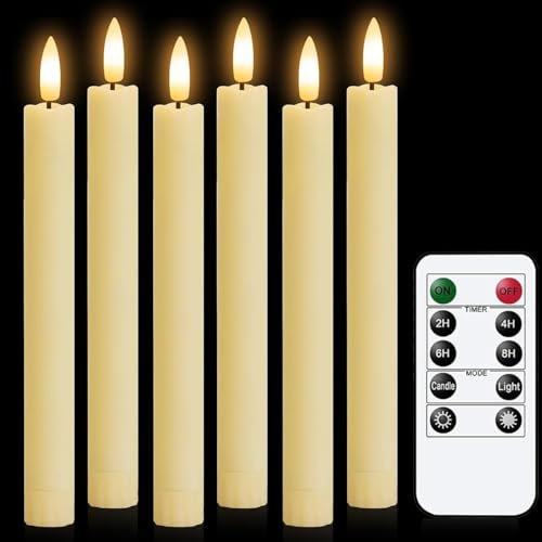 Hengrongshen 6 LED Stabkerzen, 25 cm Dünne LED Stabkerzen mit Timer und Flacker-Effekt - Fernbedienung für Innendekoration, Helloween Deko (inkl. Batterien)