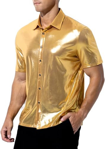Casey Kevin Men's Short Sleeve Shirt Shiny Metallic Collared T-Shirt Sparkly Nightclub Sexy Button Down Disco Rock Party Shirts - Gold L