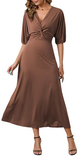 ZIYYOOHY Damen Elegant Lang Kleider V-Ausschnitt Twist 3/4 Fledermausärmel Casual Wickel Kleid Partykleid(6031 CO M)