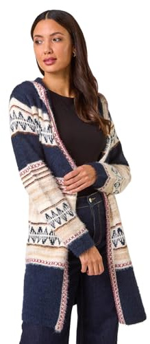 Roman Originals Women Cardigan - Ladies Longline Coatigan Tassel Open Front Cardi Winter Autumn Casual Textured Edge to Edge Yarn Patterned Comfy Work Going Out - Midnight Blue White - Size 20