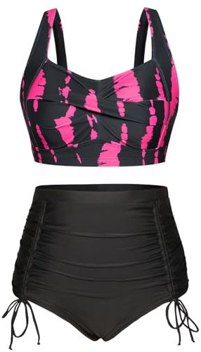 Hanna Nikole Ensemble bikini taille haute pour femme - Maillot de bain push-up froncé - Contrôle du ventre - Maillot de bain deux pièces, Rose noire., 52 Grande taille
