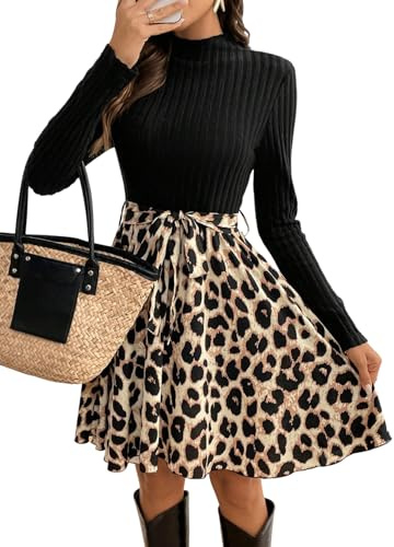 SweatyRocks Damen Leopardendruck-Midi-Kleid mit Gürtel und A-Linie in Pink für Erwachsene Frauen