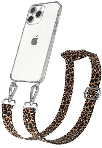 EAZY CASE Handykette - Verstellbares Taschenband kompatibel mit iPhone 15 Pro Max, Schulterriemen, Handykordel mit Silikon Hülle, Umhängetasche,Leo - Schwarz Braun Metall Silber