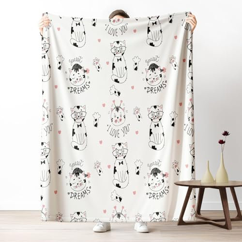 Pggong Katzenmotiv Herz Decke Sofadecke Weiche Flanell, Kuscheldecke Karikatur Kätzchen Waschbar Flauschig, Katzenliebhaber Fleecedecke 80x150cm Wohndecke für Bett Couchdecke