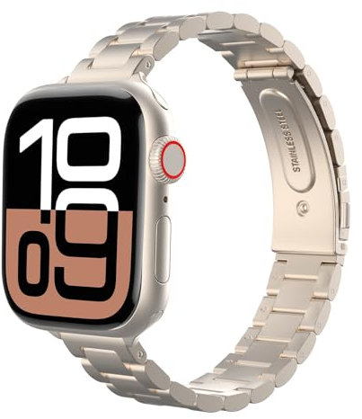 Astorgos Bracelet Fin en Métal Compatible avec Apple Watch 41mm 40mm 38mm iWatch Series SE 2 SE 9 8 7 6 5 4 3 2 1 pour Femmes Hommes, Bracelet de Remplacement en Acier Inoxydable, Or Étoilé