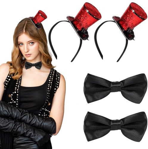 BEIMEIII 4 Stück Mini Zylinder Hut mit Haarreif Rot Haarreif Mini Top Hut Zirkusdirektor Fliege Schwarz Zylinder Fliege Set für Karneval Party Kopfschmuck Accessoires