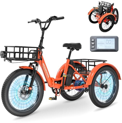 MOONCOOL Folding Electric Bike for Adults, 20 Folding Electric Trike with 36V 20AH Removable Battery, 250W Motor High Speed 3 Wheels Electric Bicycle, LCD Display, 45NM E-Bikes with Large Baskets