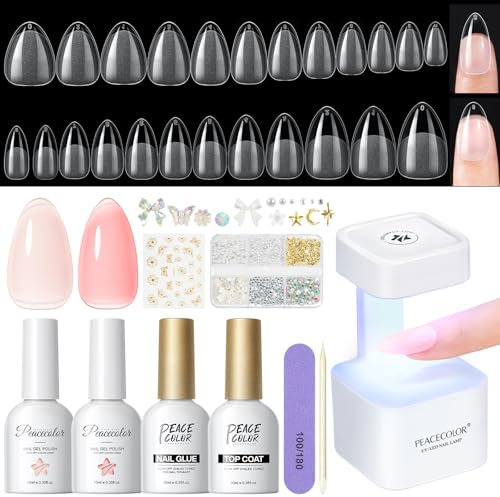 PEACECOLOR Nail Tips and Glue Gel Kit: 240Pcs Clear Short Medium Widen Almond Nails with Portable U V Lamp, Nail Glue Pink Nude Jelly Gel Polish Press On Nail Acrylic Extension Set Tools Gifts