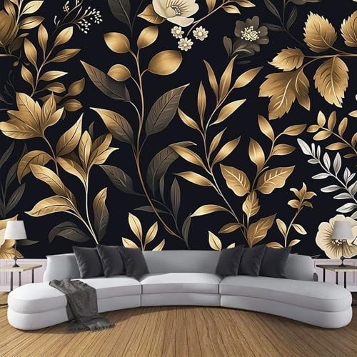 MIATCENRT 3D Wall Mural, Gold Leaf Flowers Plants Print Art Photo Wallpaper, Silk Cloth Mural Decoration Poster Picture Design, 350x256cm (WxH) Murals for Living Room Kids Bedroom, Gold Bronze