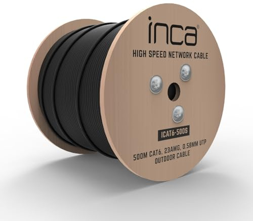 inca CAT6 Netzwerkkabel | 500m | Kupfer Kaschierter Aluminium Leiter | UTP LAN Kabel, 1000Mbps/250MHz | Wetterfest für Außenanwendungen, CCTV, IP Kameras | Gigabit Ethernet | Schwarz