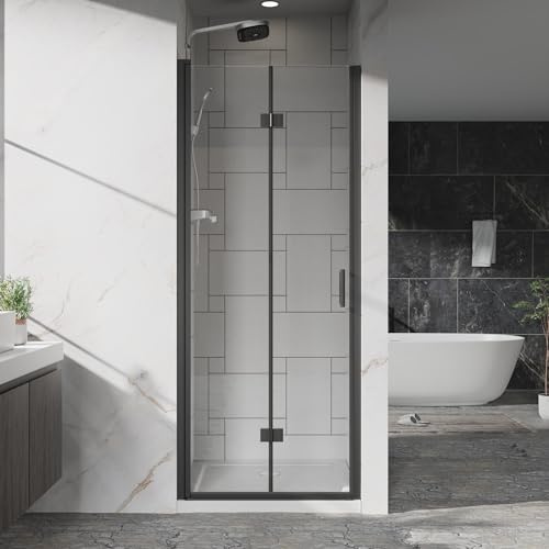 Frameless Bi-Fold Shower Door 30 W x 72 H, 1/4 Clear Tempered Glass, Folding Swing Design, Reversible Installation, Black Finish, Space-Saving Glass Shower Door for Small Bathrooms