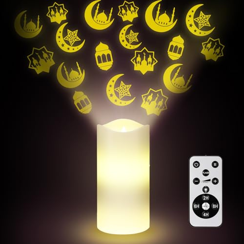 Baquler Ramadan flammenlose Kerzen Projektor Licht Eid Mubarak LED Kerze Batteriebetrieben Stern Mond Nachtlicht mit Fernbedienung und Timer Eid Mubarak Elektrische Geschenke Ramadan Dekoration für