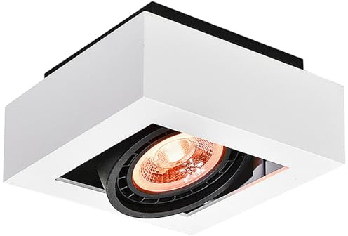 GTV LOID Deckenstrahler 1-flammig 18,5x18,5x9 cm – moderner quadratischer Spot in Weiß, aus Metall, GU10 ES111 Fassung, schwenkbar, IP20, ideal für Wohnzimmer, Küche, Büro und Hotellobby