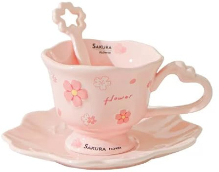 Huiyiwert Blumentasse Espressotasse mit Untertasse und Löffel kerative 3D Relief Blumenmuster Kaffeetasse Teetasse Cappuccino Tasse für Kaffee Tee Latte Mocha Americano (Rosa)