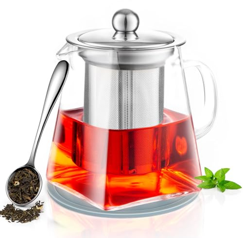 PluieSoleil Teapot with Tea Scoop and Mat 350ml/11.83oz Handmade Teapot with Infuser, Square Shape Infuser Tea Pot, Heat-Resistant Borosilicate Glass Teapot with Strainer