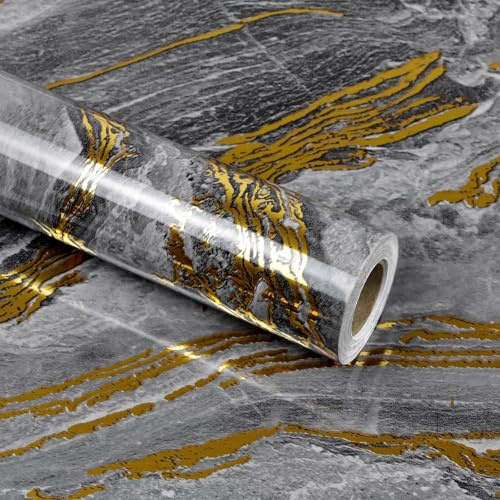 wishFIRE Marble Peel and Stick Wallpaper Grey Gold (40x200cm) - Thick Marble Look Self-Adhesive & Waterproof Wallpaper, High Gloss Vinyl Film for Kitchen & Furniture