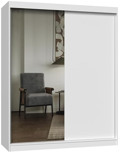 BDW IGA Armario con puertas correderas y espejo, blanco, 160 x 200 x 61 cm, laminado, barra y estantes