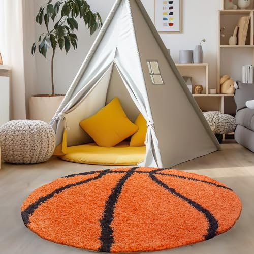 Carpettex Kinderteppich Basketball Design Orange 120 cm Rund - Hochflor Teppich Kinderzimmer für Mädchen und Jungen Super Weich Flauschig - Runder Spielteppich Babyteppich Gaming Teppich Babyzimmer