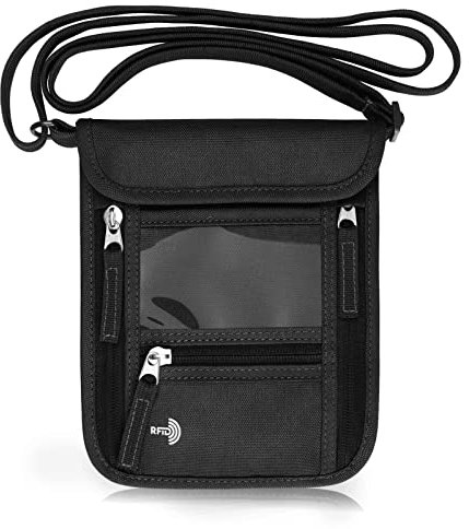 WALNEW Reisepass-Halstasche, Reise-Geldbörse für Damen und Herren, RFID-blockierend, Sicherheit, schlanke Reisebrieftasche mit Umhängeband um den Hals, Schwarz, Classic