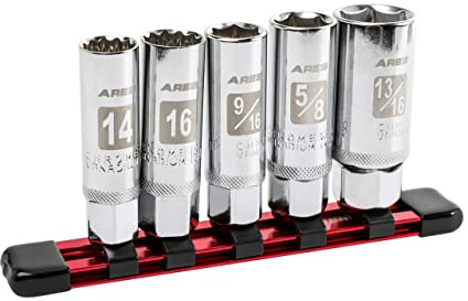 ARES 11016-5-Piece Magnetic Spark Plug Socket Set - Includes 14mm and 16mm Thin Wall Sockets and 9/16-inch, 5/8-inch, and 13/16-inch Sockets - Convenient Reusable Storage Rail Included