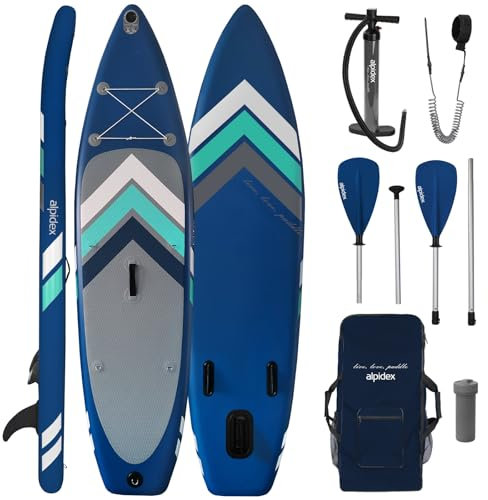 ALPIDEX Stand Up Paddle Set SUP 305 x 76 x 15 cm Belastbar bis 150 kg Aufblasbar Stabil Leicht Komplett Set Tragetasche Paddel Finnen Luftpumpe Leash Repair Kit, Farbe:Blue