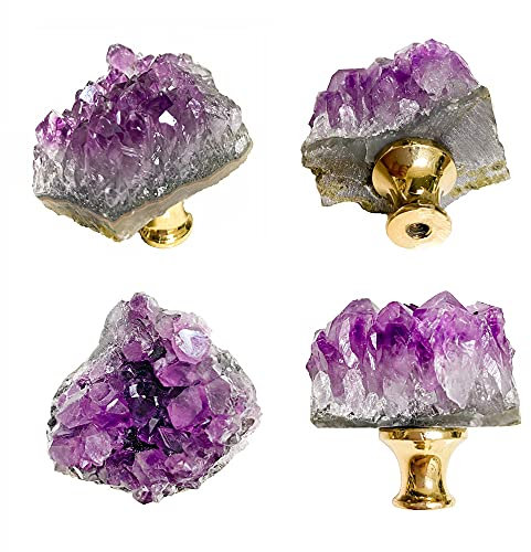 YOUYOUULU UULU 4Stück Natürliche Amethyst Knöpfe Kristall knöpfe kommode Kabinett Schrank Stein knöpfe Zieht Deko Griffe für Schublade Zuhause Lila edelstein knauf mit Schrauben