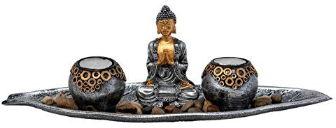 Teelichthalter Buddha Figur mit 2 Teelichtern Kerzenhalter Tischdeko Wohnzimmer Dekoration 40 cm
