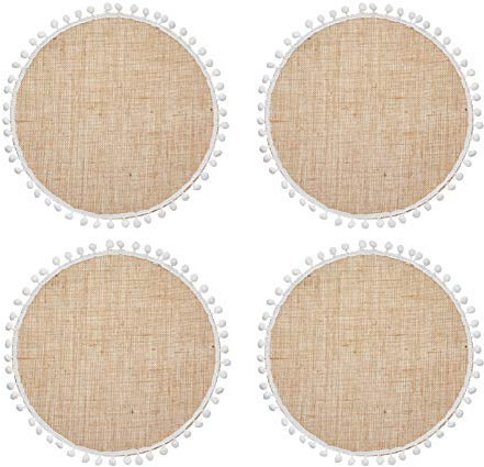 Natural Elements 4-er Set Jute- Tischsets, 4 runde Jute-Tischsets, mit Bommel-Dekorationen, 38cm