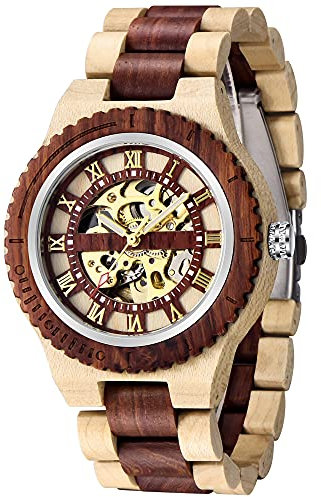 Mechanische Herren-Armbanduhr aus Holz, Skelett, automatisch, selbstaufziehend, leicht, für Herren, Braun & Rot,