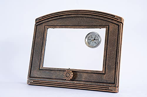 SEZAM Porte de four en fonte avec thermomètre 500 °C, ouverture à gauche, porte de four à pizza - four à pain - porte de four en pierre, 37 x 6 x 31,5 cm - semi-circulaire, le cuivre