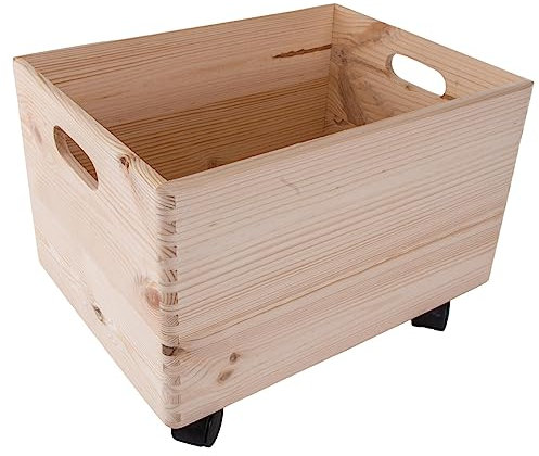 WooDeeDoo Large Deep Wooden Underbed Storage Box on Wheels 40 x 30 x 28 cm – Plain Pine Chest with Handles – DIY Open 23L Crate for Clothes Toys Linen Crafts Bedroom Bathroom Kitchen Garage