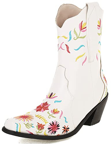 MJIASIAWA Donna Appuntito Classico Senza Chiusura Western Embroiderosso Stivali Western Retrò Chelsea Inverno Tacco A Blocco Stivali Equitazione Zip Bianco Numero 35 EU