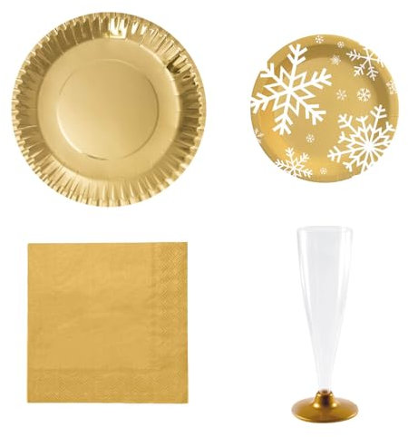 MAXI PRODUCTS - Kit Vajilla 12 Personas - Decoración Navidad - Pack 78 Uds - Diseño de Copo de Nieve - Color Oro - Temática Navideña - Vajillas Completas Navidad - Diseño Único