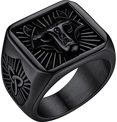 FaithHeart Punk Stil Viking Fingerring Schwarz Wolfkopf Keltisch Ring Herren Männer Bandring Siegelring für Geburtstag Valetinstag