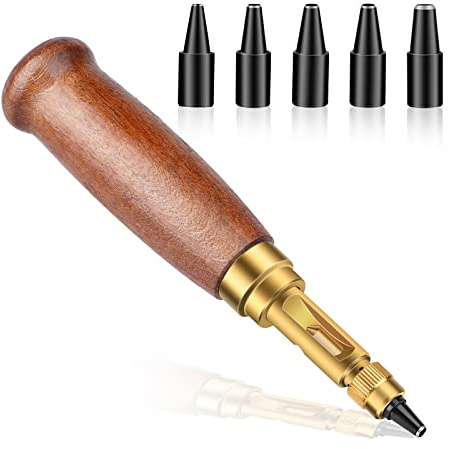 TLKKUE Adjustable Leather Hole Punching Tool Automatic Puncher with Wooden Handle Hollow Hole Punch with 6 Tips Size (1.5mm/2mm/2.5mm/3mm/3.5mm/4mm) for Leather Belt, Bag, Wristband