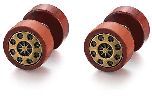 Flongo Herren Holz Ohrstecker 10mm Knopf mit Sonne Gravur Damen Ohrringe Gestüt Stecker Pentagramm Fake Plug Tunnel Piercing Ohrschmuck für Männer Frauen