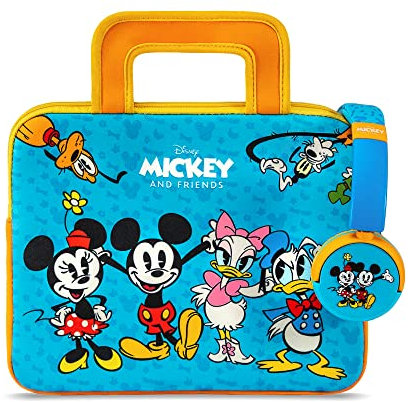 Pebble Gear Disney Mickey Maus Kids Tablet-Tasche & Kopfhörer, kindersichere Lautstärkebeschränkung, Kinder-Tasche passend für 8 Zoll Tablets, Platz für Spielzeug & Zubehör, Music-Sharing Funktion