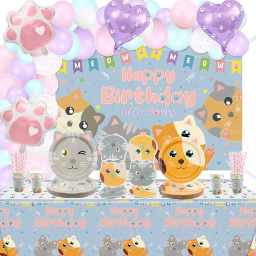 QUERICKY Cat Theme Party Supplies, umfasst Katze alles Gute zum Geburtstag Kulisse, Luftballons, Teller, Tischdecke, Servietten, Tassen für Katze, Kitty Lovers, Kindergeburtstag, dient 20 Gäste