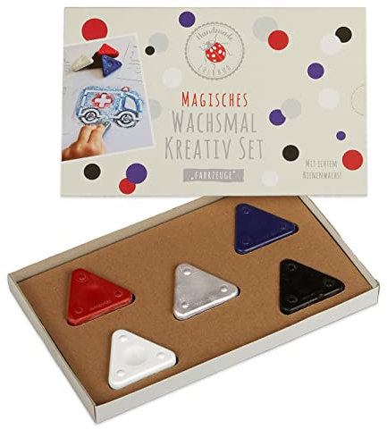 Lulubug Magisches Wachsmalset, Wachsmalblöcke| 4 Wachsmal Dreiecke, 1 Wachsmal Dreieck Metallic, 5 Schablonen | Wachsmalstifte | Motiv: Fahrzeuge