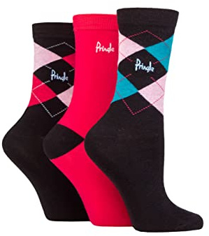 Pringle Ladies Argyle Cotton Socks Pack of 3 Black Pink/Teal 4-8