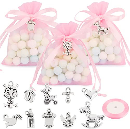 50 Stk Anhänger (10 Muster) + 50 Stk Organza Beutel Gastgeschenke Organzasäckchen für Kommunion Konfirmation Taufe Party Geschenk Geburtstag Gäste Geburt Deko Kommuniongeschenke (Rosa)