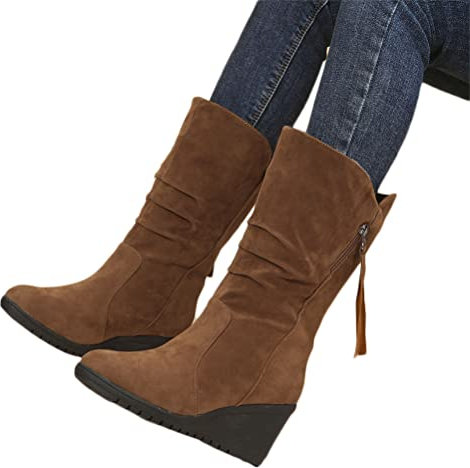 Onsoyours Stivali in Pelle Scamosciati da Donna con Tacco Grosso in Camoscio Stivali a Punta Stivali da Cavaliere Plissettati con Zeppa Autunno e Inverno B Marrone 39 EU