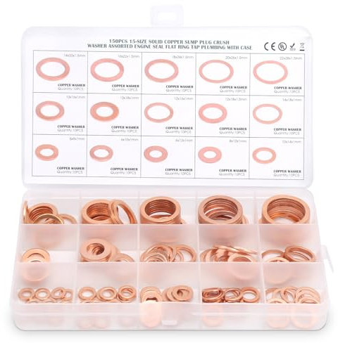 Kupferringe Sortiment, M5-M22 150 Stück Kupferne Dichtung Kupferner Dichtungsring Dichtungssatz Dichtung Kupferdichtringe Unterlegscheiben Set für Schraubverschluss Kupfer Ölablassschraube