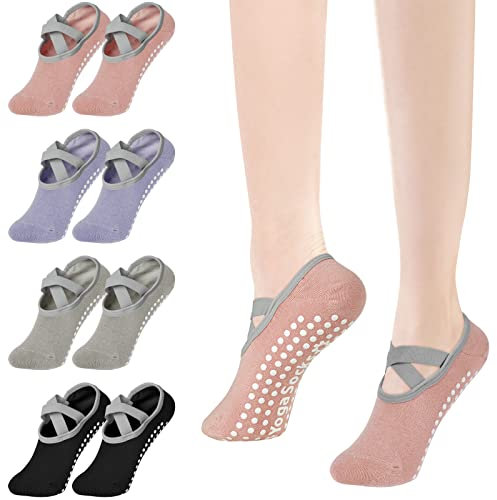 flintronic Yoga Socken, 4 Paare Antirutsch Socken, Rutschfeste Socken Sport für Yoga, Barre, Pilates, Tanz, Barfuß, Trampolin, Zuhause, Krankenhaus für Damen und Herren